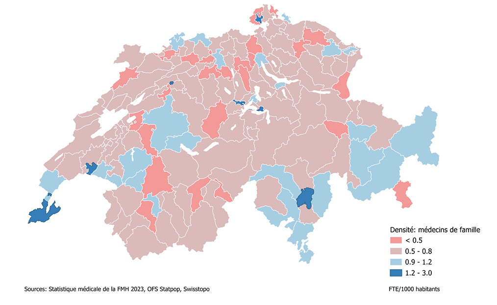  Densité des médecins de premier recours (EPT pour 1000 habitants) par district en 2023.